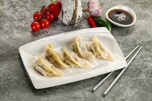 Japanese cuisine - dumplings gyoza with sauce photo