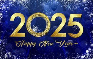 Happy 2025 greeting card design. Social network greetings. Timeline post. Set of graphic elements. Holiday blue backdrop. Golden number with decorative circle. New Year eve banner template. vector