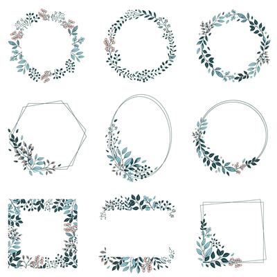 Set of vector botanical frames with leaves and berries. Floral border wreath for invitations, posters and wedding.