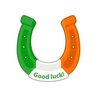 Cartoon Irish Horseshoe, Good Luck. Cartoon sticker with contour. Decoration for greeting cards, posters, patches, prints for clothes, emblems for St. Patrick day. vector