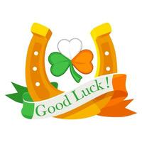 Cartoon Irish Horseshoe and Clover, Good Luck. Decoration for greeting cards, posters, patches, prints for clothes, and emblems for St. Patrick Day. vector