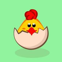 Chicken baby peeking out of the cracked egg. Vector illustration isolated on a green background.