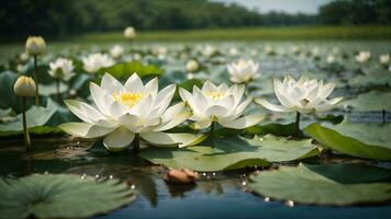 ai generado blanco loto flores en un estanque foto