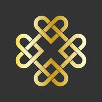 Celtic shamrock knot. Golden heart, symbol of love. Endless loop. Vector on black background
