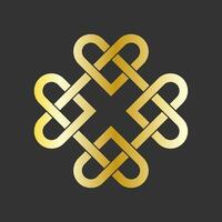 Celtic shamrock knot. Golden heart, symbol of love. Endless loop. Vector on black background
