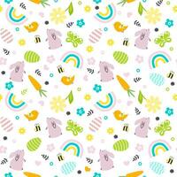 Happy Easter seamless pattern. Easter texture with colourful eggs, bunnies,  flowers, bee, butterfly, birds and rainbow vector