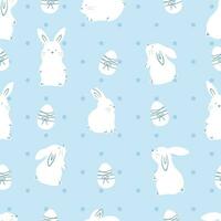 Seamless white rabbits with eggs and dot. Rabbit animal on blue background for easter decor vector