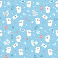 Vector seamless pattern with flowers, eggs, rabbits and hearts for Easter.