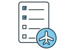 viaje itinerario icono. marca de verificación con avión. icono relacionado a viajar, planificado viaje cronograma. plano línea icono estilo. elemento ilustración vector