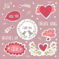 Valentines day decor set isolated on pink background. Including couple of birds, botany elements, hearts, arrows and inscriptions kiss, miss you, forever yours, valentines day and i love you vector