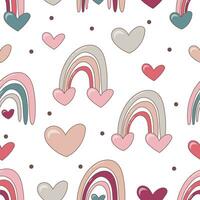 Seamless vector pattern with colorful rainbows and hearts on white background