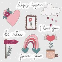 Set of vector Valentine's Day objects. Cute colorful elements. Rainbow, Heart with wings, cloud, flower, arrow