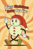 Merry Christmas and Happy New year. One of character - Snowman. Cartoon style. Greeting cards, template, posters, prints, party invitations and background. Red, orange, yellow. 70s 60s Groovy, vintage vector