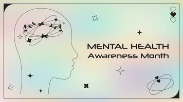 Mental Health Awareness Month banner in Y2K style. Vector illustration of people silhouette with flowers, shapes and gradient background. Retro design of Healthy lifestyle concept.