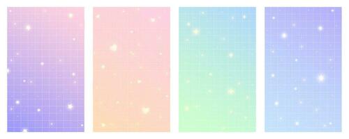 Checkered gradient background with stars. Set of pastel holographic kawaii backdrops. Abstract vector purple squared wallpapers for design.