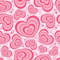 Y2k seamless pattern with hearts. Retro abstract groovy background. Pink funky vector wallpaper for Valentine day. Girly lovely checkered vintage design 2000s and 90s