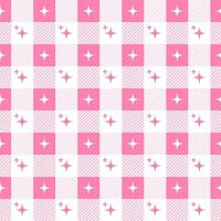 Y2k seamless pattern with sparkles. Geometric checkered vichy background with abstract stars. Vector bright pink design