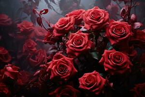 Enigmatic red roses veiled in mist a mysterious allure, engagement, wedding and anniversary image photo
