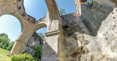 loop circular rotation of ruined abandoned church with arches without roof video