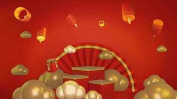 3D red background with chinese new year minimalist podium, suitable for product promotion video