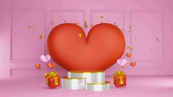 la Saint-Valentin journée vente luxe tableau blanc cœur et cadeau boîte rose Contexte 3d illustration avec podium pour votre produit promotion video