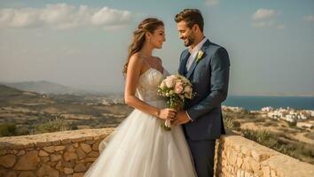 ai generado contento recién casado Pareja en el calle foto