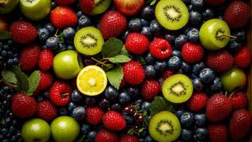 AI generated various fruits and berries on a dark background photo