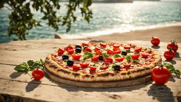 AI generated Appetizing pizza with tomatoes, olives, basil on the seashore photo