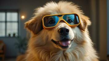 AI generated Cute dog with glasses at home photo