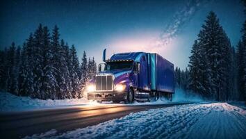 ai generado camión conducción en Nevado la carretera a noche foto