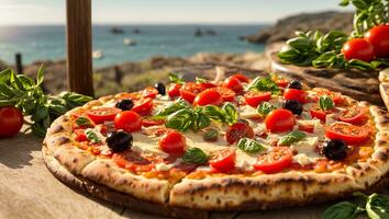 ai generado apetitoso Pizza con Tomates, Olivos, albahaca en el costa foto