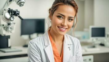 AI generated Beautiful smiling woman doctor in clinic photo