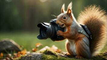 AI generated Cute friendly squirrel with a camera in the park photo