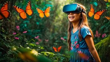 AI generated Little girl wearing virtual reality glasses in the forest, butterflies photo