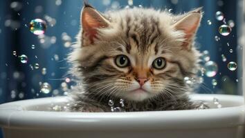 AI generated Cute funny cartoon cat bathes in a basin with soap bubbles photo