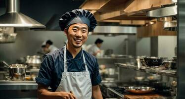 AI generated Happy asian male cook in kitchen photo