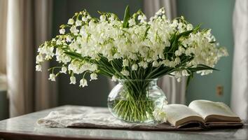AI generated Vase with lilies of the valley in the room photo