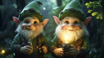 AI generated Cute funny cartoon gnome with a flashlight in the forest photo