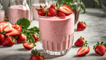 AI generated Milk smoothie with strawberries in the kitchen photo