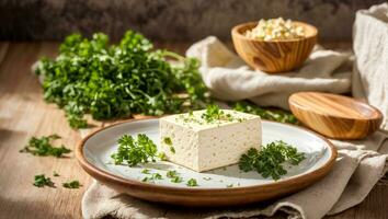 AI generated Fresh tofu cheese with parsley in the kitchen photo