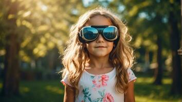 ai generado niña en virtual realidad lentes en el calles en verano foto