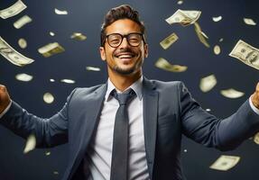 AI generated Happy man in a business suit falling dollars photo