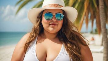 AI generated Beautiful fat girl in sunglasses against the background of the sea photo