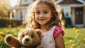 AI generated Little girl with a teddy bear in nature against the background of a house photo