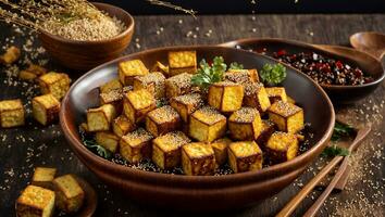 AI generated Fried tofu cheese with sesame seeds in the kitchen photo