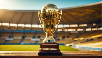 AI generated football championship gold cup at the stadium photo