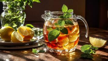 AI generated Cold tea with lemon and mint on the table in glass photo