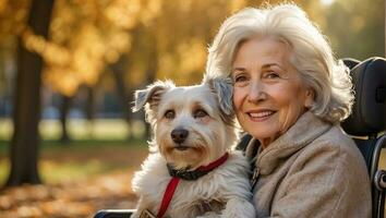 ai generado mayor mujer en un silla de ruedas con un perro fuera de en el parque foto