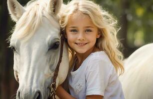 ai generado retrato de un pequeño niña con un caballo en naturaleza foto