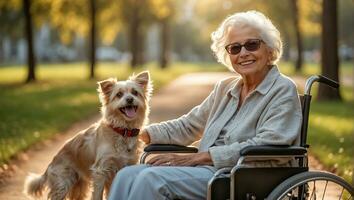 ai generado mayor mujer en un silla de ruedas con un perro fuera de en el parque foto